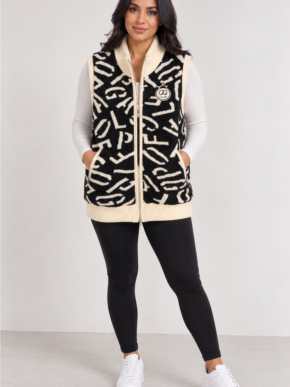 Black & Cream Abstract Sherpa Zip-Up Vest